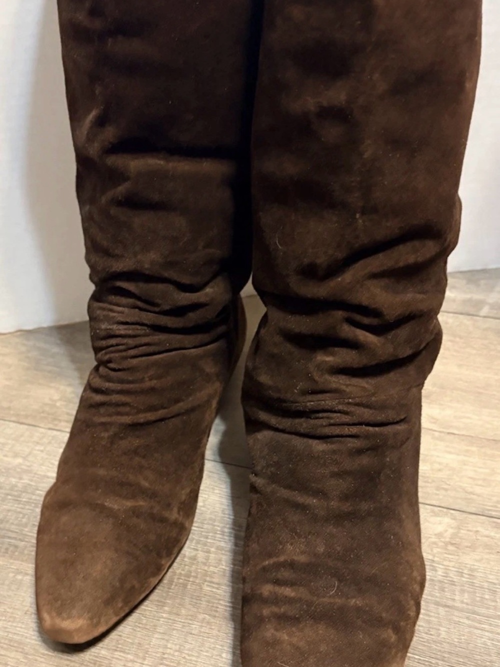 Vintage Jasmin Brown Suede Slouch Boots Knee High Flat Almond Toe Women Size 7.5